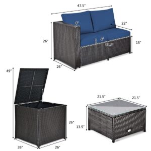 Toolsempire 4-Piece Patio Furniture Set, Navy Blue Rattan, Outdoor Sectional Sofa with Storage Box & Tempered Glass Tabletop, Furniture for Garden, Backyard, Poolside