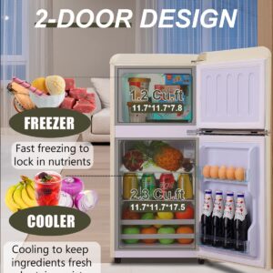 KRIB BLING 3.5 CU.FT Compact Refrigerator 2 Door Mini Fridge with Freezer, Mini Refrigerator with Removable Glass Shelves Small Drink Food Storage Cooler for Office, Dorm, Apartment, Cream