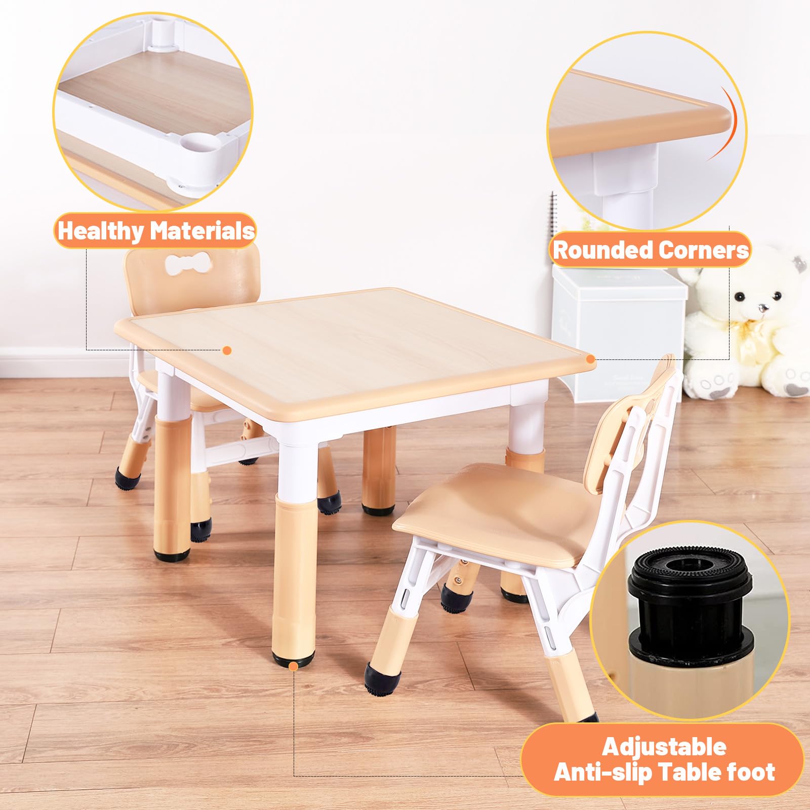 FUNLIO Adjustable Kids Table, 3 Level Height Adjustable Toddler Table for Ages 3-8, Easy to Wipe Arts & Crafts Child Table, for Classrooms/Daycares/Homes, CPC & CE Approved, 23.6 x 23.6inch - Natural