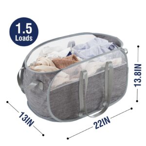 TECHMILLY Collapsible Laundry Basket, Foldable Tear Proof Mesh Pop Up Hamper with Reinforced Carry Handles for Laundry, Bathroom, Dorm or Travel (Grey)