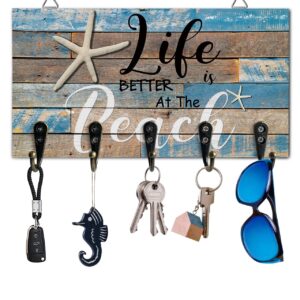 Key Holder for Wall Ocean Beach Starfish Wood Wall Mounted Key Hooks Hang Key/Dog Leash/Sunglasses Summer Farmhouse Navy Blue Key Rack Organizer with 5 Hooks for Home, Entryway, Hallway