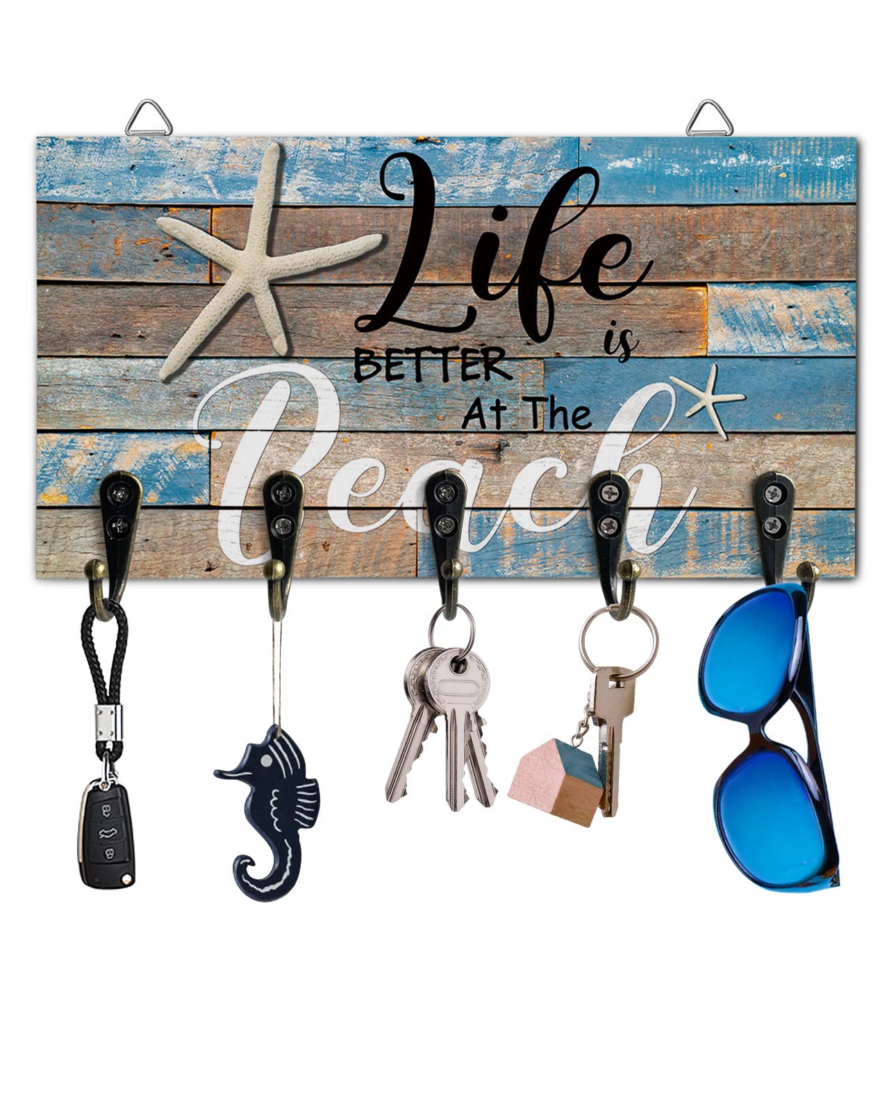 Key Holder for Wall Ocean Beach Starfish Wood Wall Mounted Key Hooks Hang Key/Dog Leash/Sunglasses Summer Farmhouse Navy Blue Key Rack Organizer with 5 Hooks for Home, Entryway, Hallway