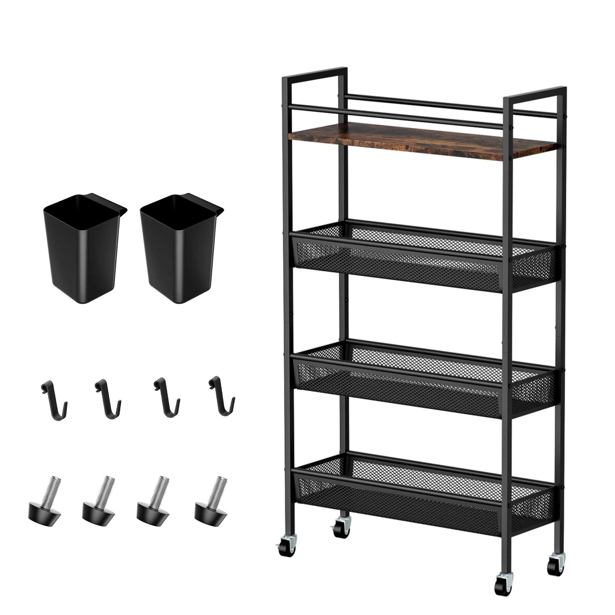 Jsluiiys 4 Tier Slim Storage Cart, 5.9In Slim Kitchen Cart on Wheels for Small Space, Narrow Rolling Cart with Wooden Top Metal Handle and Wire Mesh for Kitchen Bathroom Laundry Room