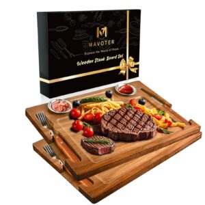 mavoter 2 pcs acacia wooden steak board - 15 inches steak cutting plate board with fork, knife and ramekins (2 set)