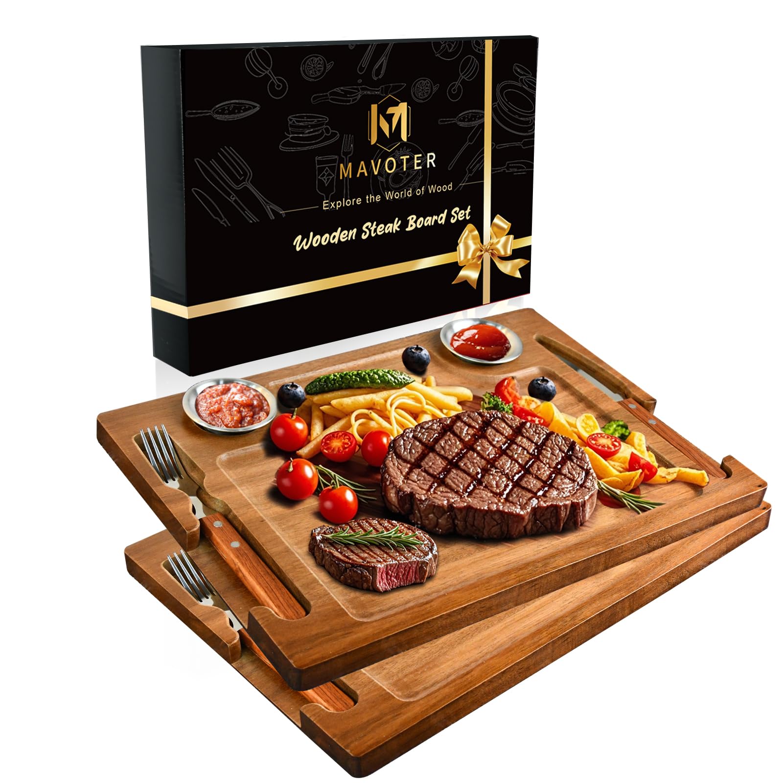 MAVOTER 2 PCS Acacia Wooden Steak Board - 15 Inches Steak Cutting Plate Board with Fork, Knife and Ramekins (2 set)