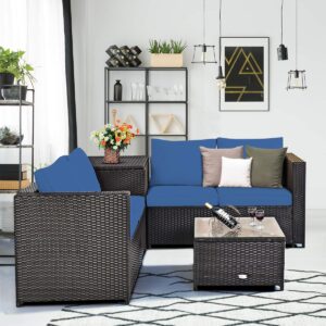 Toolsempire 4-Piece Patio Furniture Set, Navy Blue Rattan, Outdoor Sectional Sofa with Storage Box & Tempered Glass Tabletop, Furniture for Garden, Backyard, Poolside