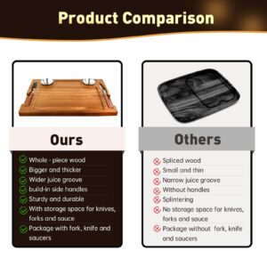 MAVOTER 2 PCS Acacia Wooden Steak Board - 15 Inches Steak Cutting Plate Board with Fork, Knife and Ramekins (2 set)