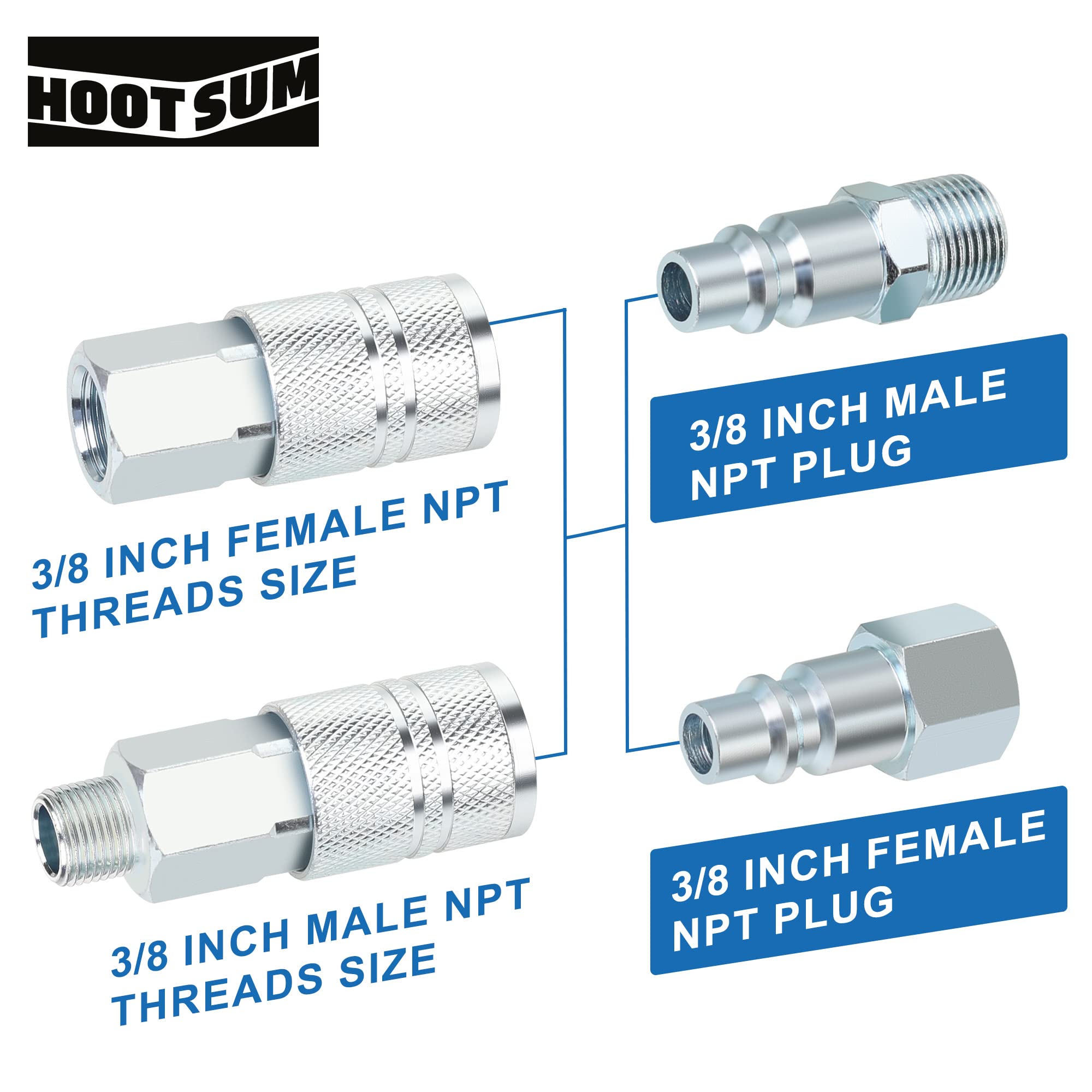 HOOTSUM 3/8’’ Air Hose Quick Connect Fittings, High Flow 3PCS 3/8” Air Coupler and 6PCS 3/8” Air Plug with 3/8 Inch NPT Threads, I/M Industrial Type 10PCS Air Compressor Accessories Connection Kit