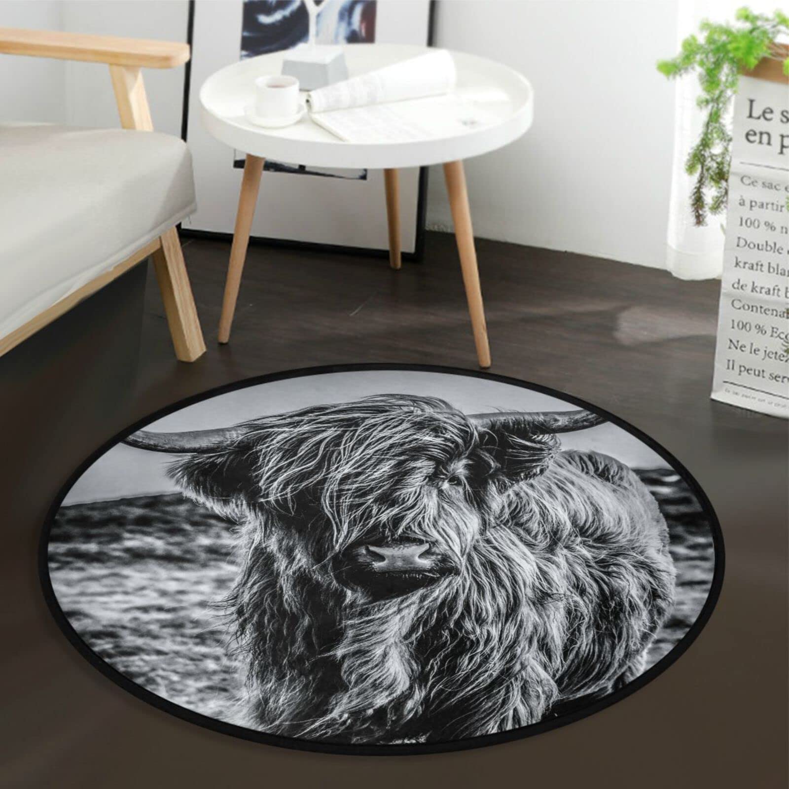 Highland Cattle Cow Area Rug Round 3 ft Washable for Bedroom Living Room Scottish Meadow Animal Circle Rug Mat Non Slip Carpet Decor Floor Mat for Bathroom Kitchen Dorm