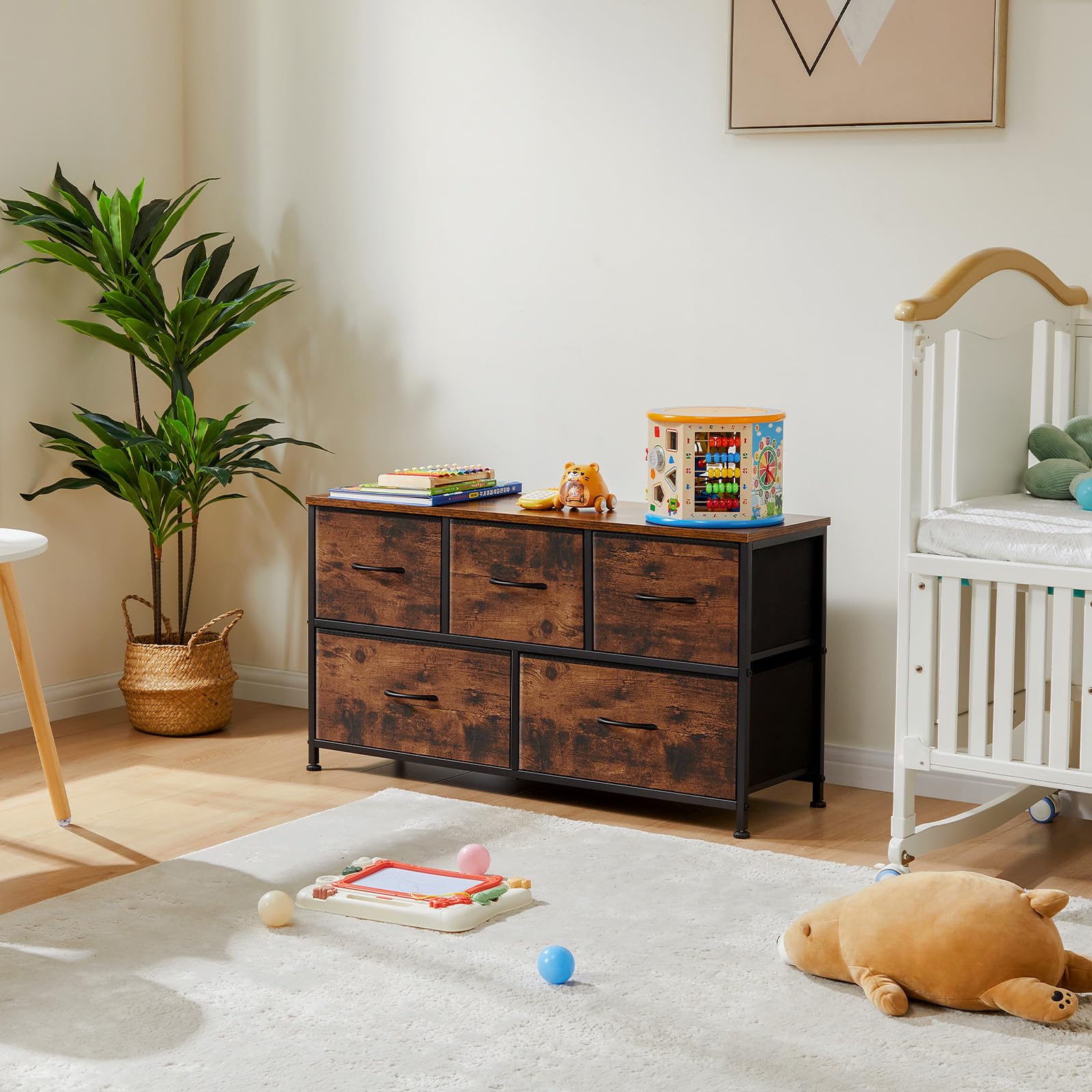 OLIXIS Dresser for Bedroom with 5 Drawers, Wide Chest of Drawers, Fabric Bedroom Dresser with Drawer Organizers, Storage Organizer Unit with Fabric Bins for Closet, Living Room, Hallway, Rustic Brown