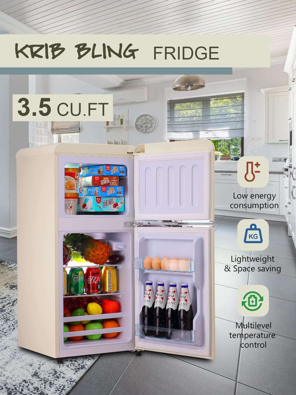 KRIB BLING 3.5 CU.FT Compact Refrigerator 2 Door Mini Fridge with Freezer, Mini Refrigerator with Removable Glass Shelves Small Drink Food Storage Cooler for Office, Dorm, Apartment, Cream