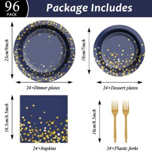 96 Pcs Blue and Gold Party Plates Napkins Tableware Set Navy Gold Dot Supplies Disposable Dinnerware Blue Birthday Party Decoration Favors for Wedding Bridal Baby Shower Graduations Party, 24 Guests