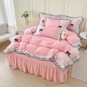 IHOUSTRIY Pink Duvet Cover Queen Size, Ruffle Beddding Set with Bowtie, 3 Pieces Comforter Cover Set with Zipper Closure, Girl Bedding with Pillowcase - Light Pink, Queen