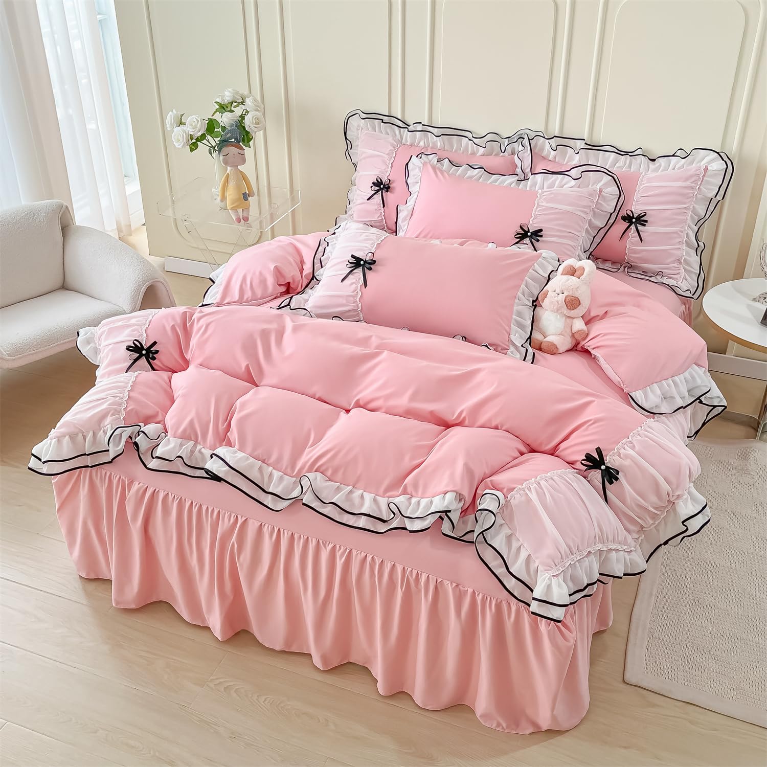 IHOUSTRIY Pink Duvet Cover Queen Size, Ruffle Beddding Set with Bowtie, 3 Pieces Comforter Cover Set with Zipper Closure, Girl Bedding with Pillowcase - Light Pink, Queen