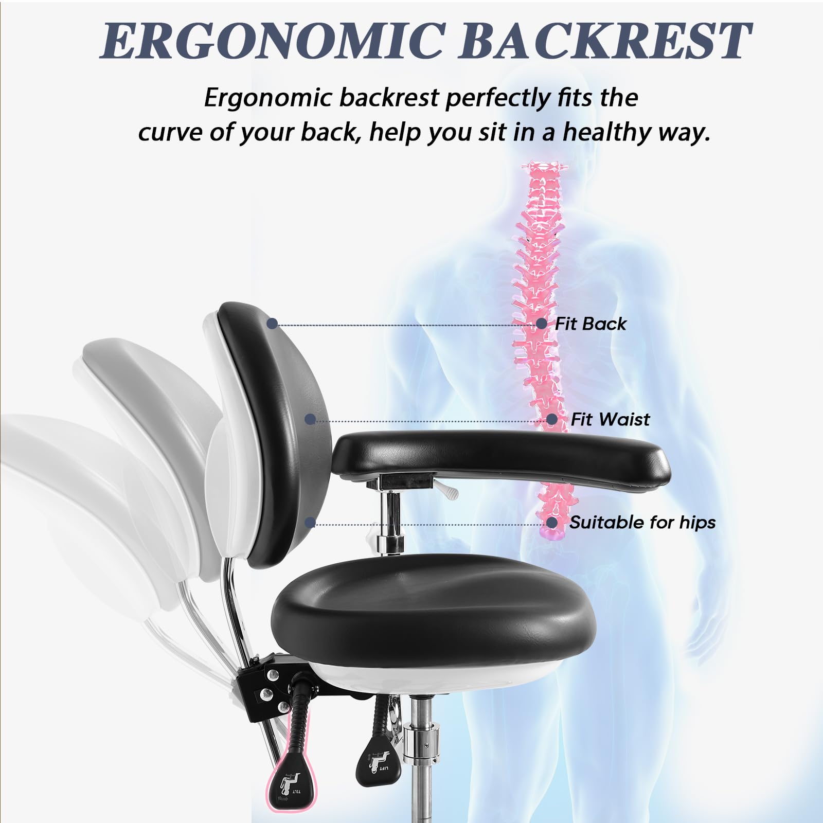 LIMKOMES Medical Dental Assistant Chair with Rotatable Armrest Rolling Medical Chair Ergonomic Swivel Seating Back Support Dentist Stool for Clinics, Dental Offices, Labs-Black