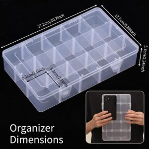 SGHUO 15 Grids Tackle Box Organizer, Large Clear Plastic Organizer Box with Adjustable Dividers for Beads, Art DIY, Crafts, Jewelry, Fishing Tackle with Label Stickers