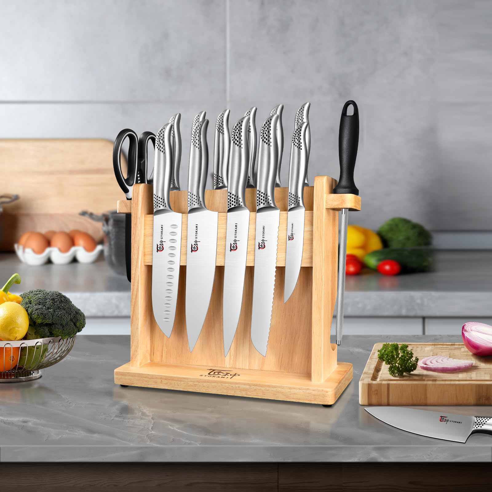 SYOKAMI Kitchen Knife Set, 14 Pieces Japanese Style Knife Block Set with Magnetic Holder, High Carbon Stainless Steel Ultra Sharp Knives for kitchen with Ergonomic Handle and Sharpener, Black Dot