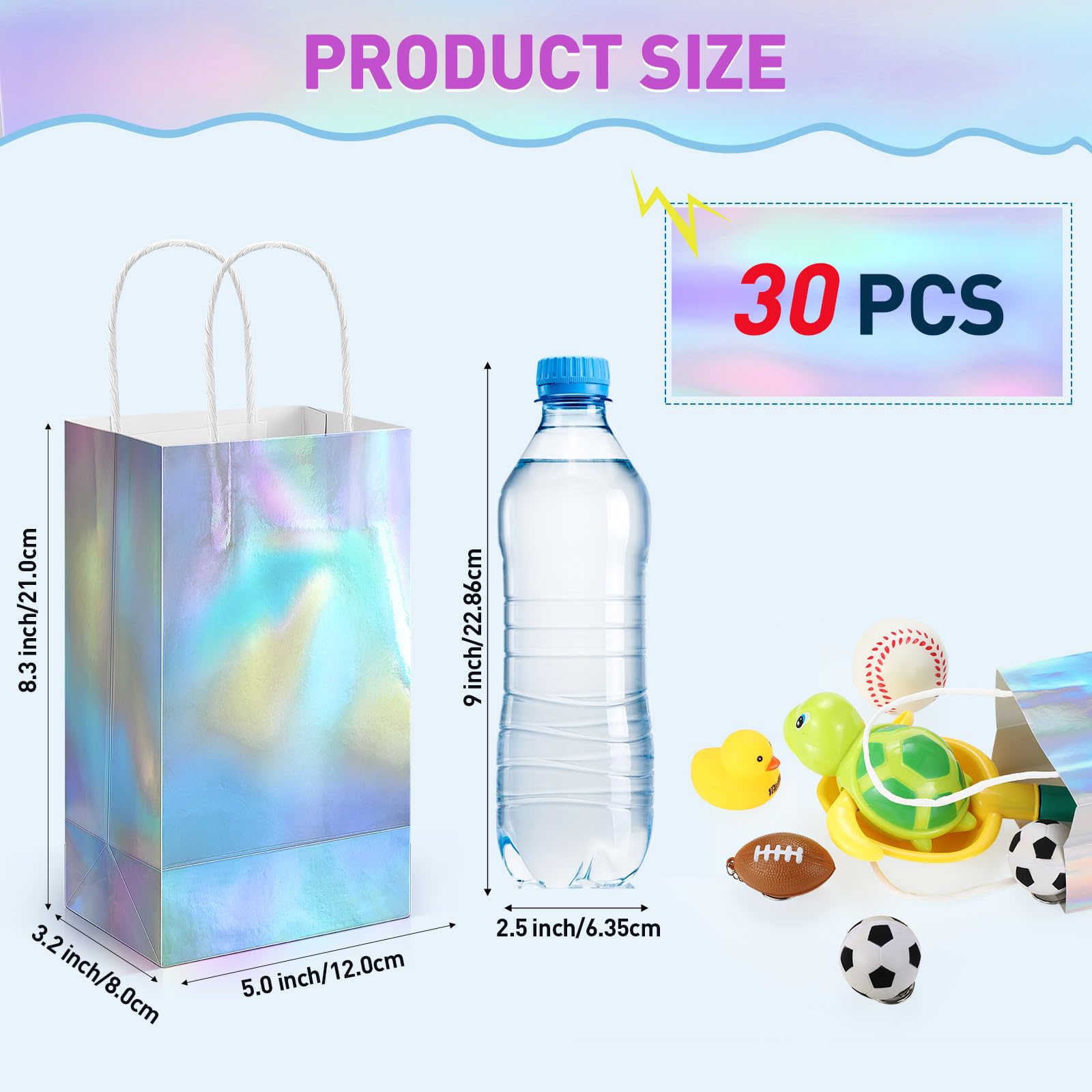 Estune Iridescent Gift Bags with Handle Holographic Party Favor Bags Glitter Foil Paper Handbag Candy Goodie Bag for Wedding Birthday Halloween Party Favor, 8.3 x 5 x 3.2 In(30 Pcs)