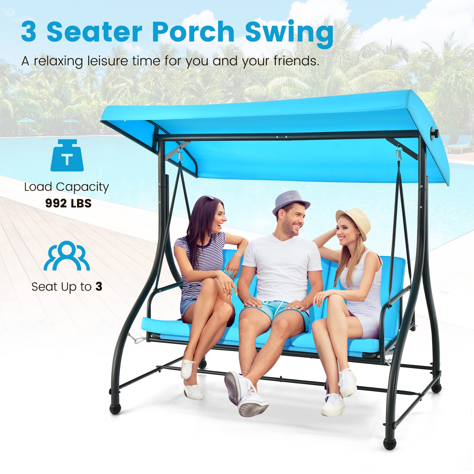 Tangkula 3 Person Porch Swing, 2-in-1 Convertible Patio Swing Bed with Removable Cushions, Solid Steel Structure, Outdoor Swing with Adjustable Canopy for Backyard, Balcony, Poolside (Turquoise)