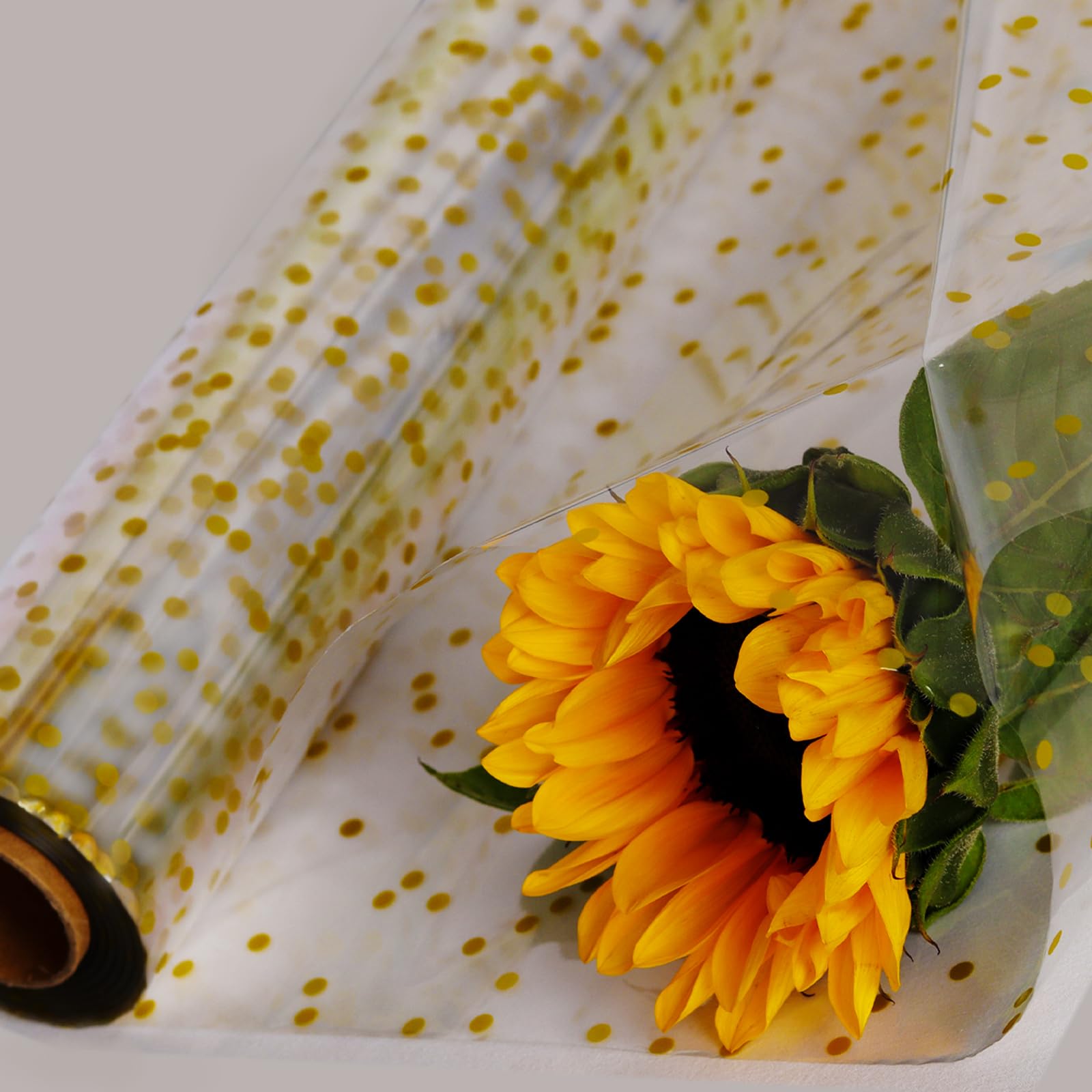 CMFYHM Clear Cellophane Wrap Roll(34" x 120’Ft) 3Mil Gold Polka Dot Cellophane Roll, Cellophane Roll, Gift Wrap Roll, Cellophane Wrap for Gifts, Baskets, Flowers, Party Decorations