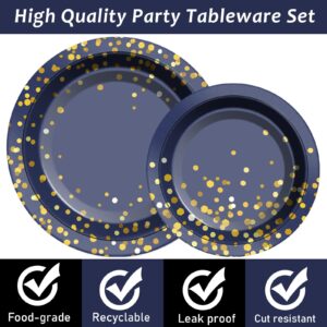 96 Pcs Blue and Gold Party Plates Napkins Tableware Set Navy Gold Dot Supplies Disposable Dinnerware Blue Birthday Party Decoration Favors for Wedding Bridal Baby Shower Graduations Party, 24 Guests