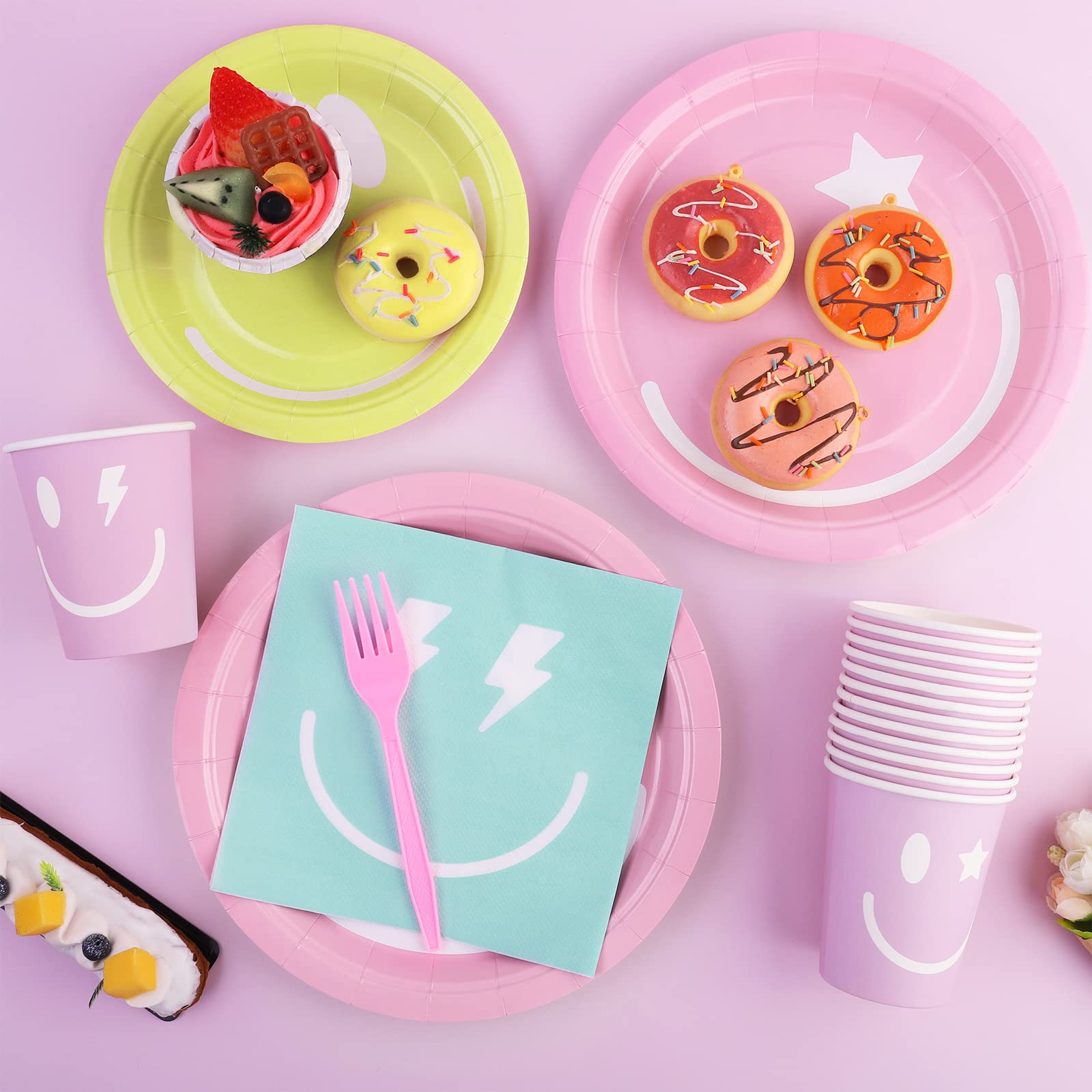 durony 144 Pieces Preppy Smile Face Party Tableware Set Party Decorations Include Smile Face Paper Plates Napkins Cups and Forks for Preppy Birthday Party Baby Shower Decor, Serve 24 Guest