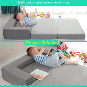 JHTOPJH Kids Couch,4-Piece Fold Out Toddler Play Couch,Floor Sofa Imaginative Furniture Play Set for Bedroom Playroom,Convertible Folding Kids Sofa for Creative Kids(Grey)