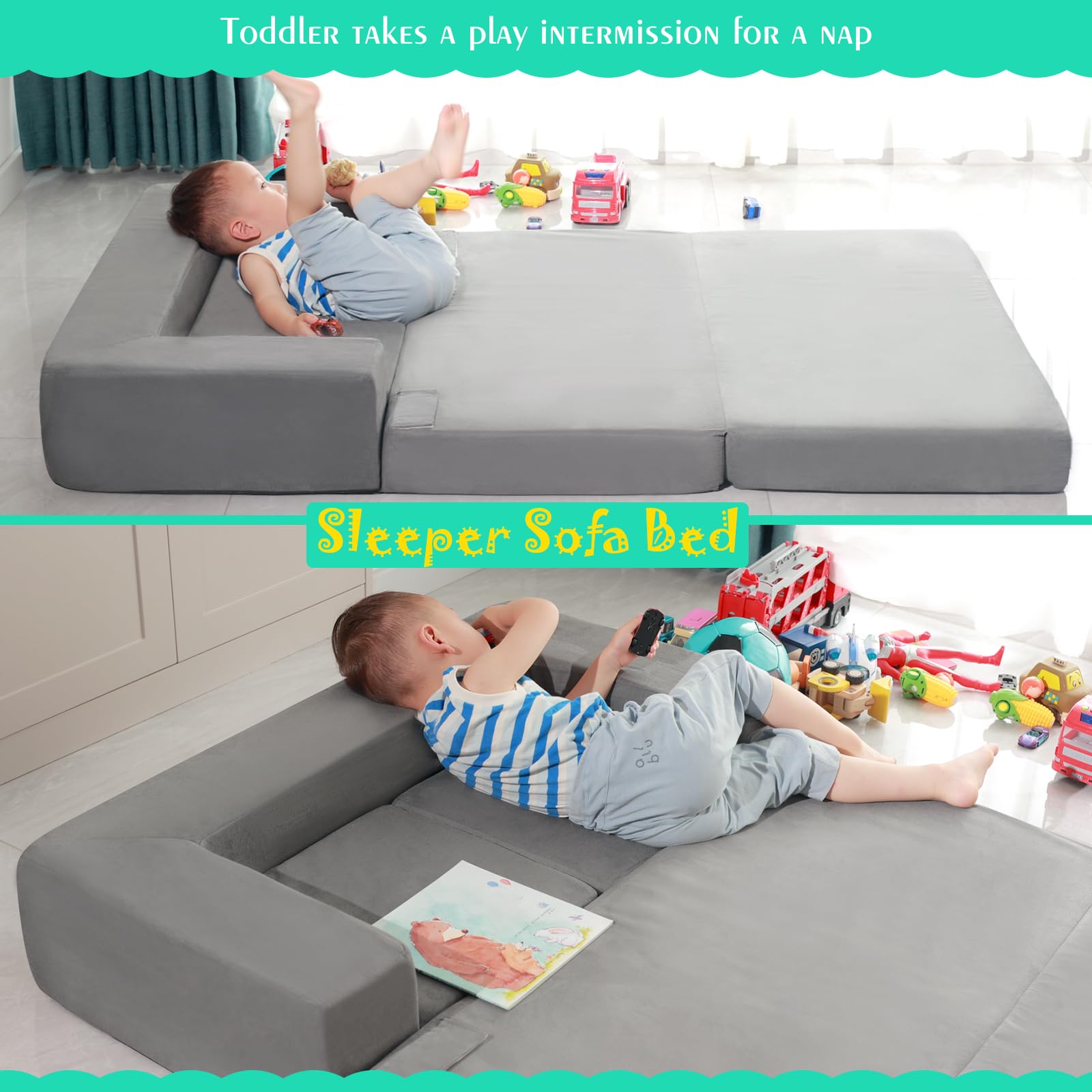 JHTOPJH Kids Couch,4-Piece Fold Out Toddler Play Couch,Floor Sofa Imaginative Furniture Play Set for Bedroom Playroom,Convertible Folding Kids Sofa for Creative Kids(Grey)