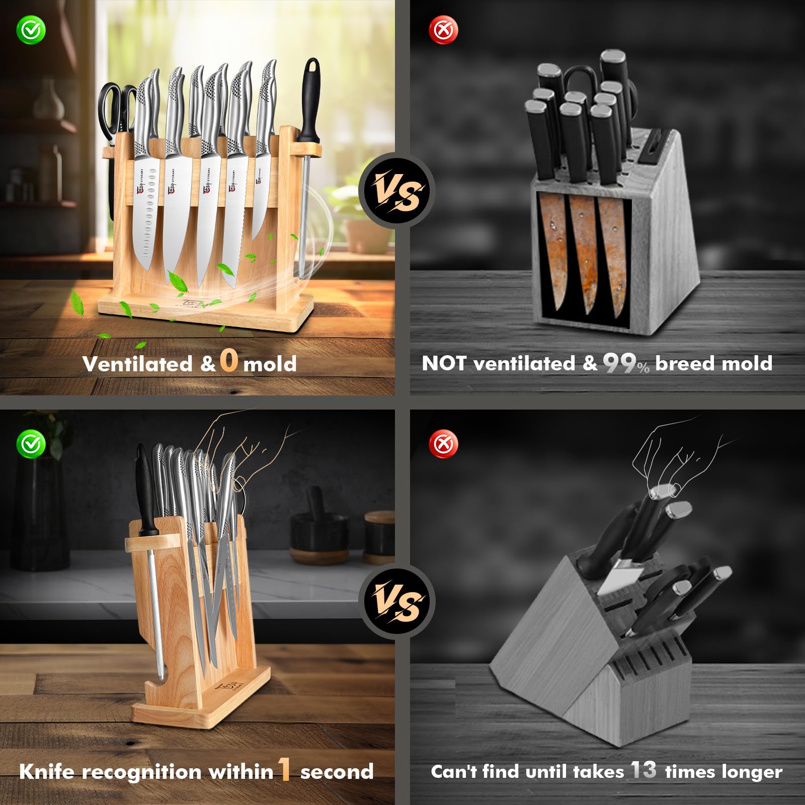 SYOKAMI Kitchen Knife Set, 14 Pieces Japanese Style Knife Block Set with Magnetic Holder, High Carbon Stainless Steel Ultra Sharp Knives for kitchen with Ergonomic Handle and Sharpener, Black Dot