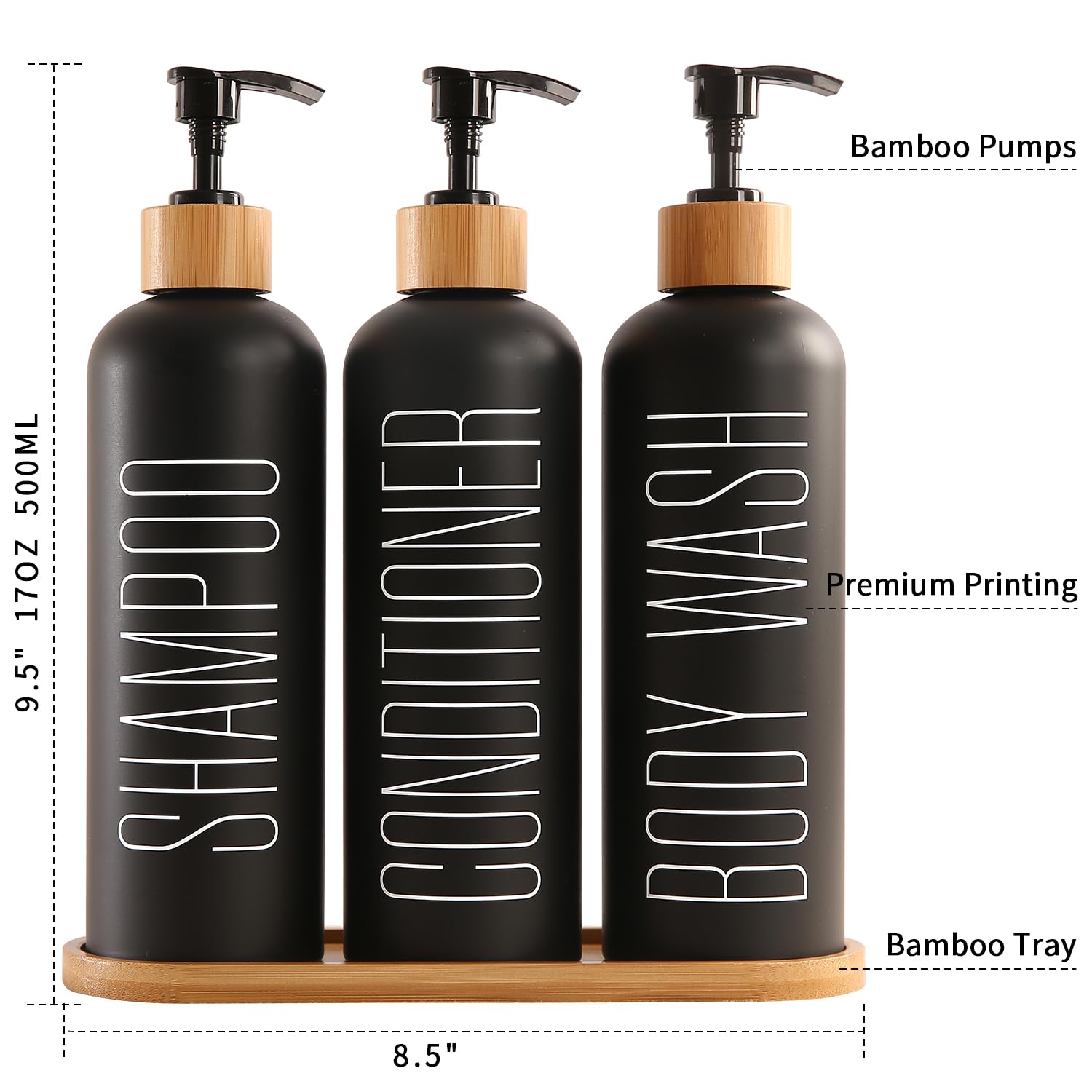 Prus Waso Shampoo and Conditioner Dispenser, Contains Shampoo Conditioner Body Wash Dispenser. Shower Dispenser with Bamboo Pumps & Tray, Perfect for Bathroom Essentials for New Home. (Black)