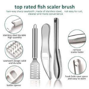 3Pcs Fish Scaler Remover, Fish Scaler Brush, Stainless Steel Fish Cleaning Kit Fish Scaler Fish Skin Graters Cleaning Peeler Scaler Scraper with Bottle Opener for Kitchen Fish Scales Removing Peeling