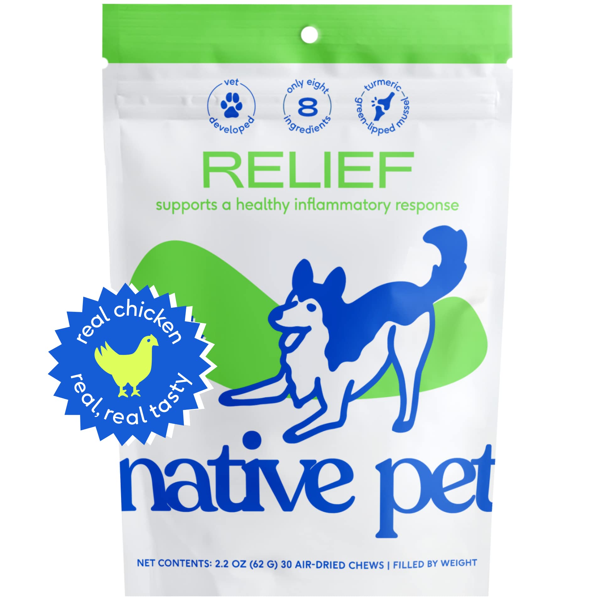 Native Pet Relief Chews - Anti Inflammatory for Dogs - Turmeric + Polyphenols + Green Lipped Mussels for Dogs - Natural Relief for Dogs - Dog Arthritis Supplement & Dog Joint Pain Relief - 30 Chews