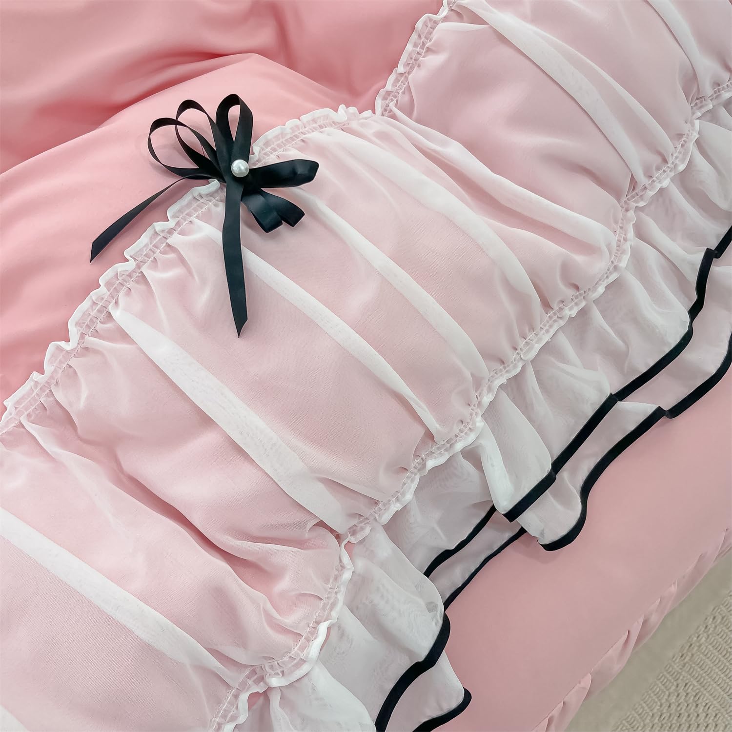 IHOUSTRIY Pink Duvet Cover Queen Size, Ruffle Beddding Set with Bowtie, 3 Pieces Comforter Cover Set with Zipper Closure, Girl Bedding with Pillowcase - Light Pink, Queen