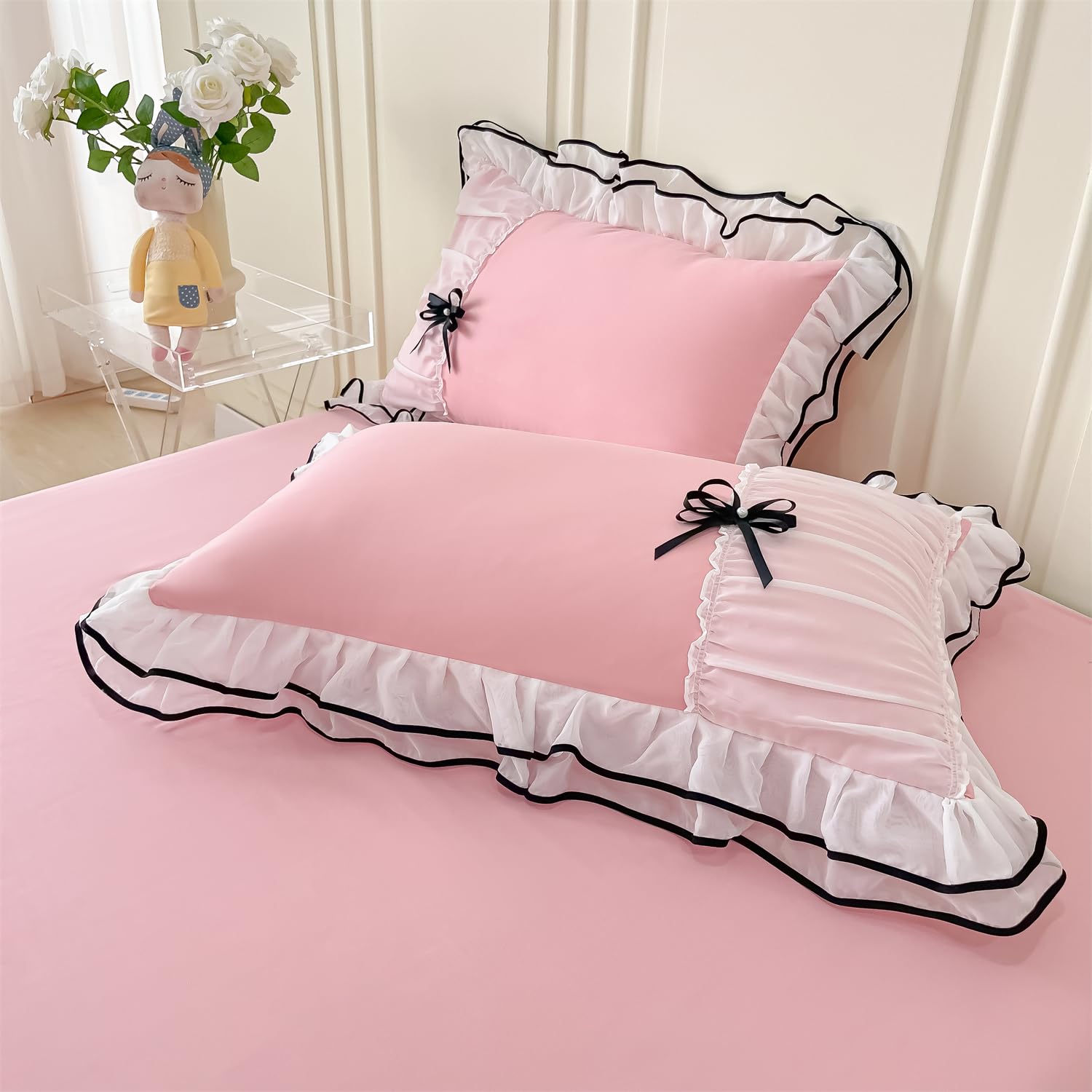 IHOUSTRIY Pink Duvet Cover Queen Size, Ruffle Beddding Set with Bowtie, 3 Pieces Comforter Cover Set with Zipper Closure, Girl Bedding with Pillowcase - Light Pink, Queen