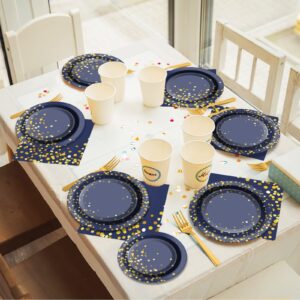 96 Pcs Blue and Gold Party Plates Napkins Tableware Set Navy Gold Dot Supplies Disposable Dinnerware Blue Birthday Party Decoration Favors for Wedding Bridal Baby Shower Graduations Party, 24 Guests