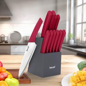 hecef Kitchen Knife Block Set, 12 Pieces Knife Set with Wooden Block & Steak Knives Set, Lightweight and Strong High Carbon Stainless Steel Cutlery Set, Extended Handle Design