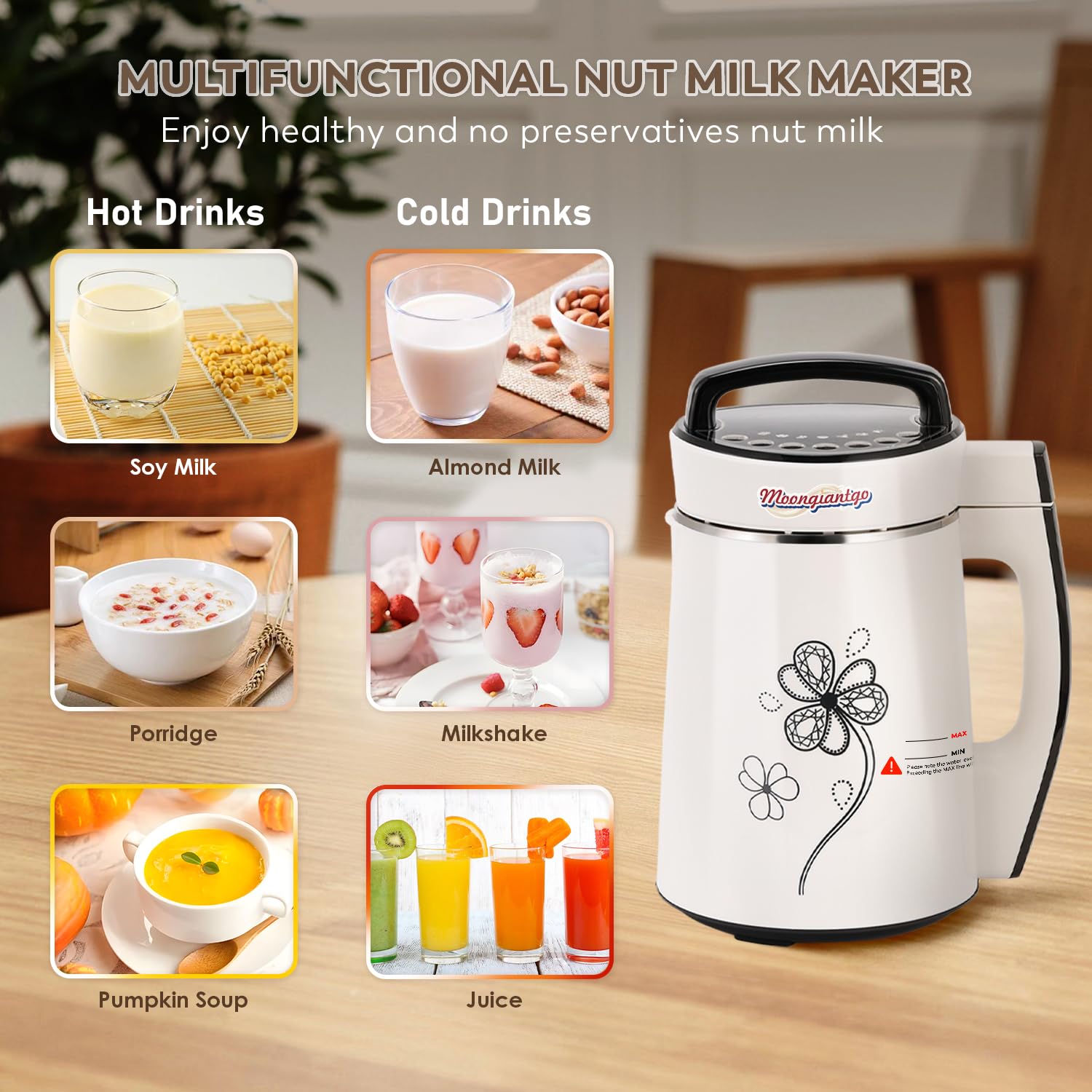 Moongiantgo Automatic Soy Milk Maker 37.2oz 1100ml, 8 in 1 Nut Milk Maker with Self-Cleaning/Boil Water/Recipe, Homemade Almond Milk Machine, Oat Milk, Plant Based Milk, Juice Beverages Maker, 110V