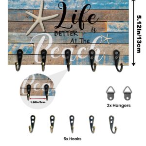 Key Holder for Wall Ocean Beach Starfish Wood Wall Mounted Key Hooks Hang Key/Dog Leash/Sunglasses Summer Farmhouse Navy Blue Key Rack Organizer with 5 Hooks for Home, Entryway, Hallway