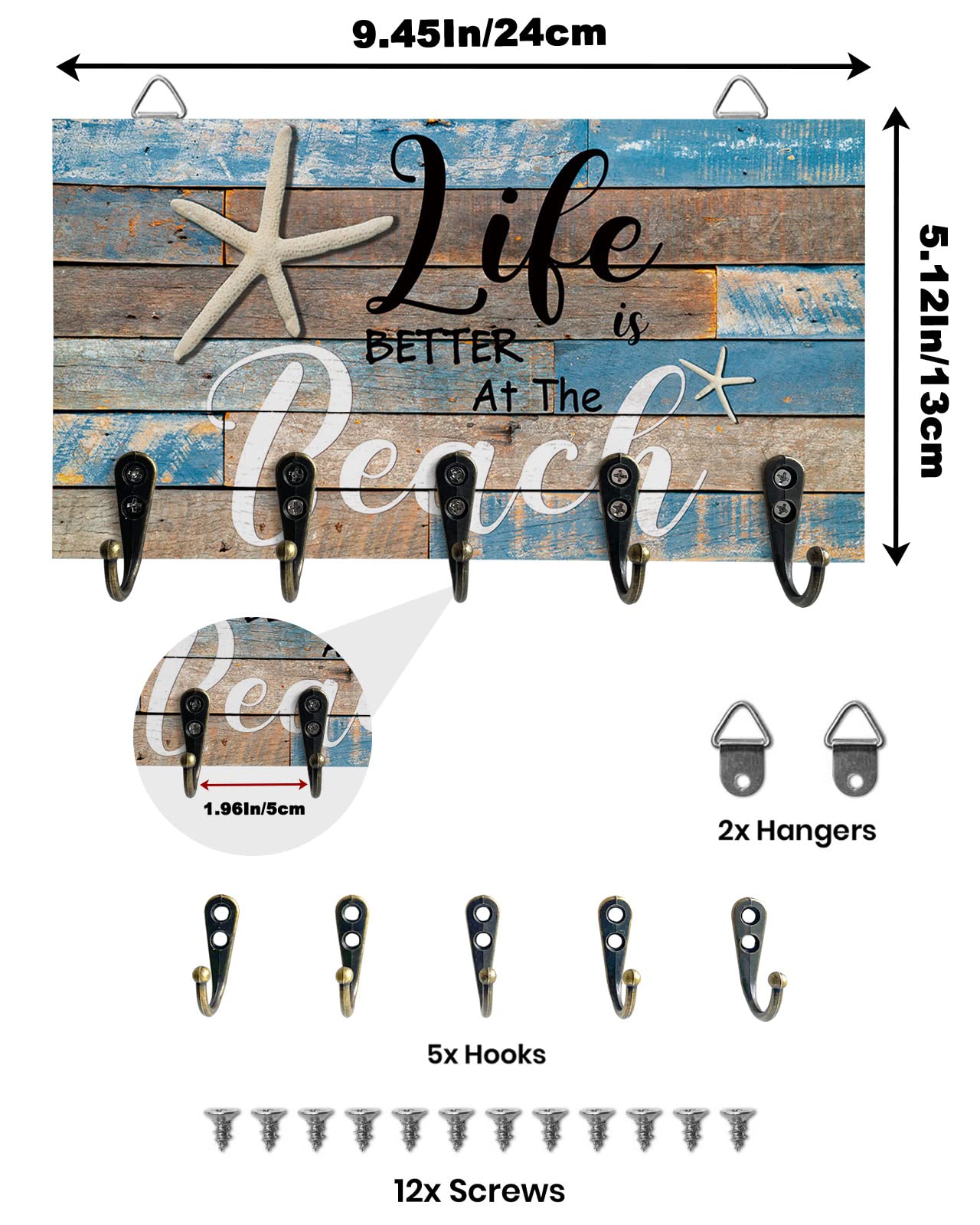 Key Holder for Wall Ocean Beach Starfish Wood Wall Mounted Key Hooks Hang Key/Dog Leash/Sunglasses Summer Farmhouse Navy Blue Key Rack Organizer with 5 Hooks for Home, Entryway, Hallway