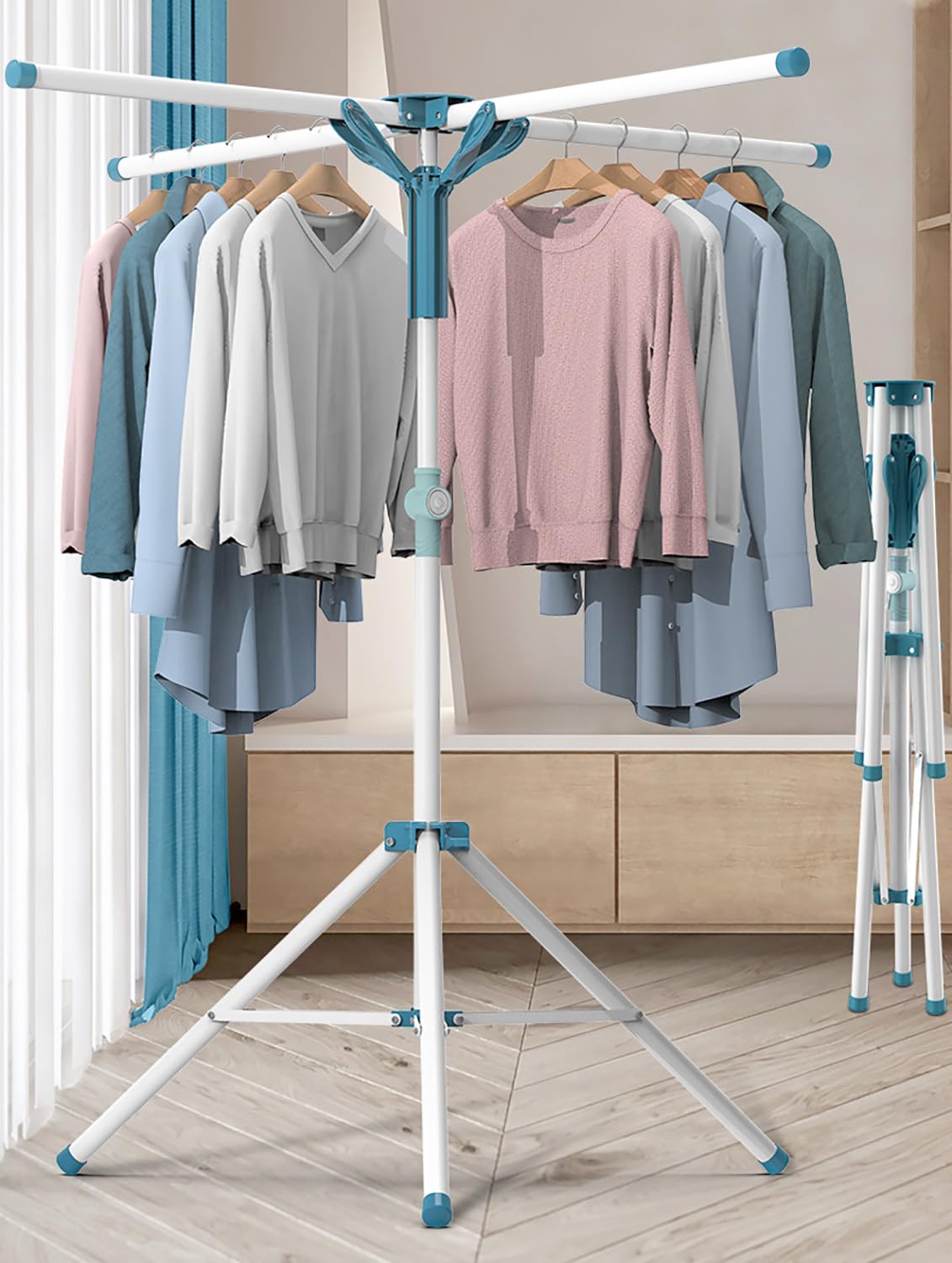 AUGMIRR Clothes Drying Racks, Height-Adjustable 52 Inches Updated Version,Stainless Steel for Indoor Outdoor,Length Adjustable Saves Space,with 20 Windproof Hooks (Tripod Rack, 52")