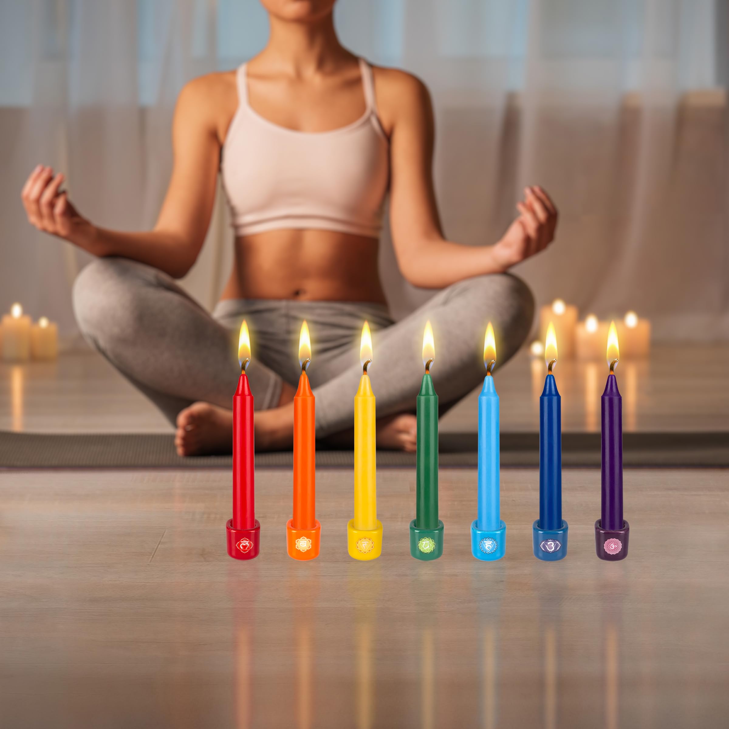 Mega Candles 14 pcs Unscented Chakra Straight Taper Candle, Hand Poured Premium Wax Candles 5 Inch x 3/4 Inch, Cotton Wick, Promotes Positive Energy, Aids Meditation, Relaxation & More