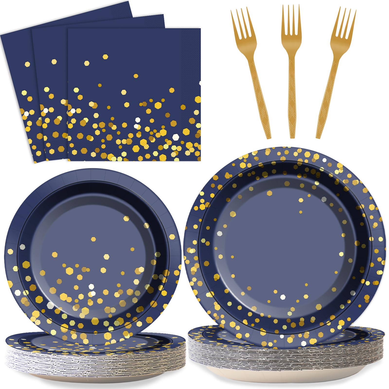 96 Pcs Blue and Gold Party Plates Napkins Tableware Set Navy Gold Dot Supplies Disposable Dinnerware Blue Birthday Party Decoration Favors for Wedding Bridal Baby Shower Graduations Party, 24 Guests