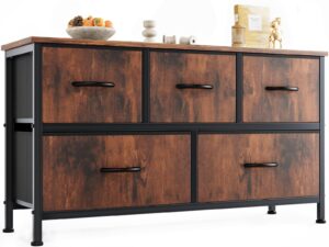 olixis dresser for bedroom with 5 drawers, wide chest of drawers, fabric bedroom dresser with drawer organizers, storage organizer unit with fabric bins for closet, living room, hallway, rustic brown