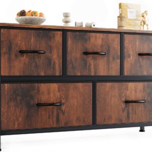 OLIXIS Dresser for Bedroom with 5 Drawers, Wide Chest of Drawers, Fabric Bedroom Dresser with Drawer Organizers, Storage Organizer Unit with Fabric Bins for Closet, Living Room, Hallway, Rustic Brown