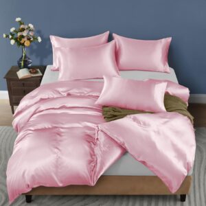 Horbaunal 5 Pieces Satin Duvet Cover Set Queen/Full Size Blush Pink Duvet Cover with Corner Ties & Zipper Closure, Luxury & Silky Bedding Set, 1 Duvet Cover and 4 Pillowcases (No Comforter)