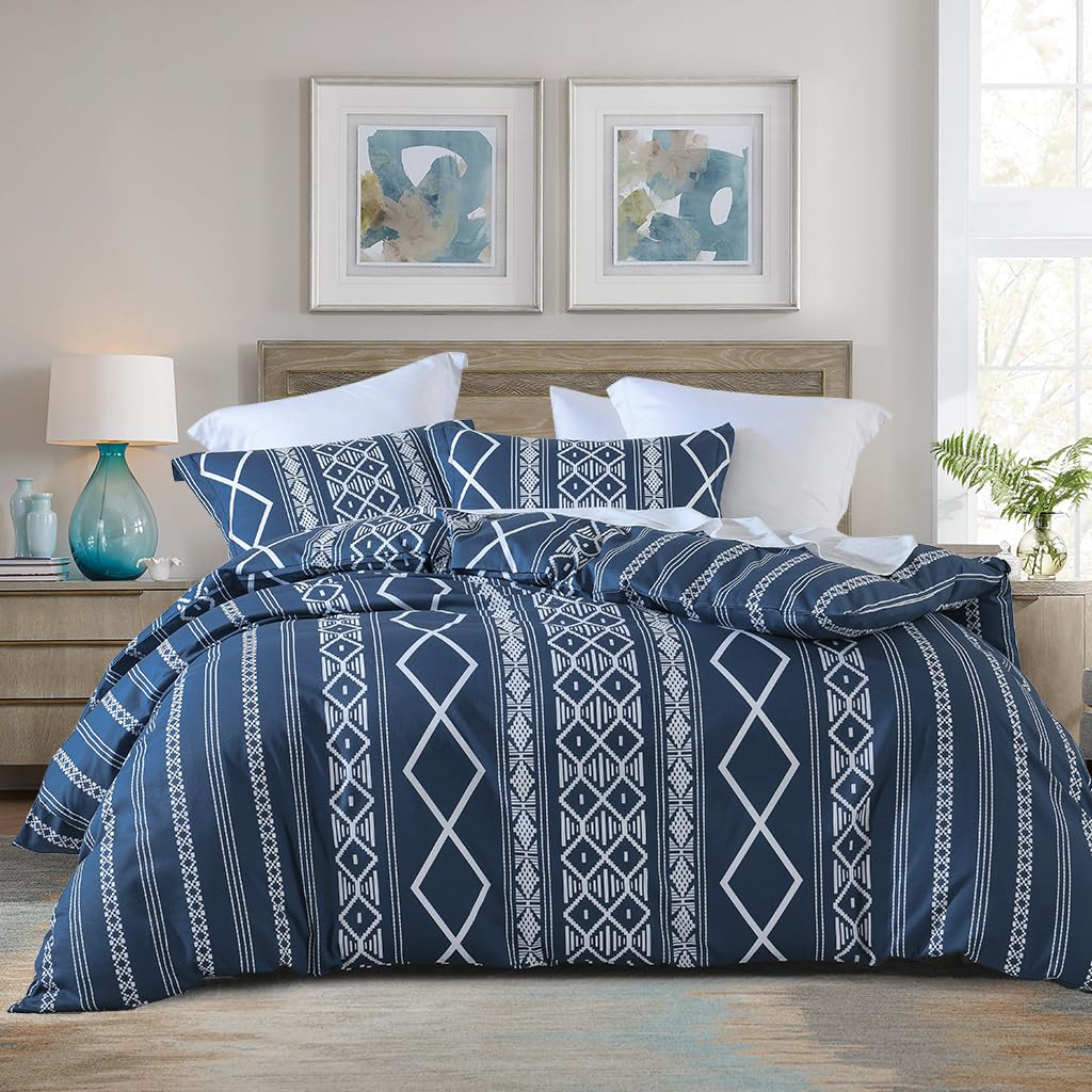 DUOMING Boho Duvet Cover King - 100% Cotton Navy Duvet Cover Set, Navy Blue King Duvet Cover with Zipper Closure & 8 Ties, 3 Piece Bohemian Duvet Cover King Set