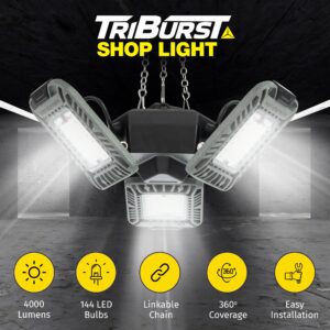 Triburst LED Shop Lights for Workshop, 4000 Lumens Super Bright Garage Lighting, LED Garage Lights, LED Shop Light, Ceiling Light with 3 Light Panels, Linkable, Plugs into Outlet, Easy to Install