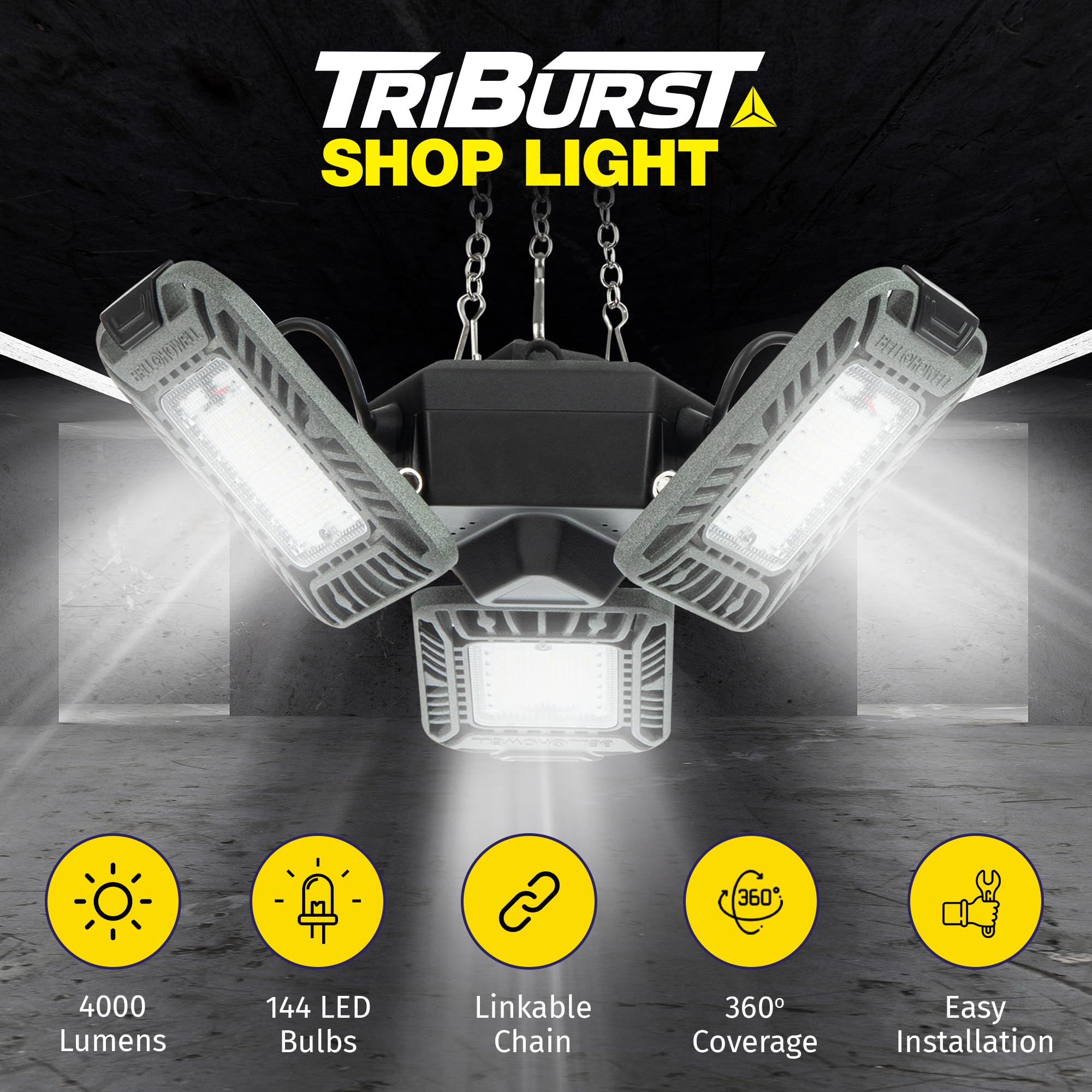 Triburst LED Shop Lights for Workshop, 4000 Lumens Super Bright Garage Lighting, LED Garage Lights, LED Shop Light, Ceiling Light with 3 Light Panels, Linkable, Plugs into Outlet, Easy to Install