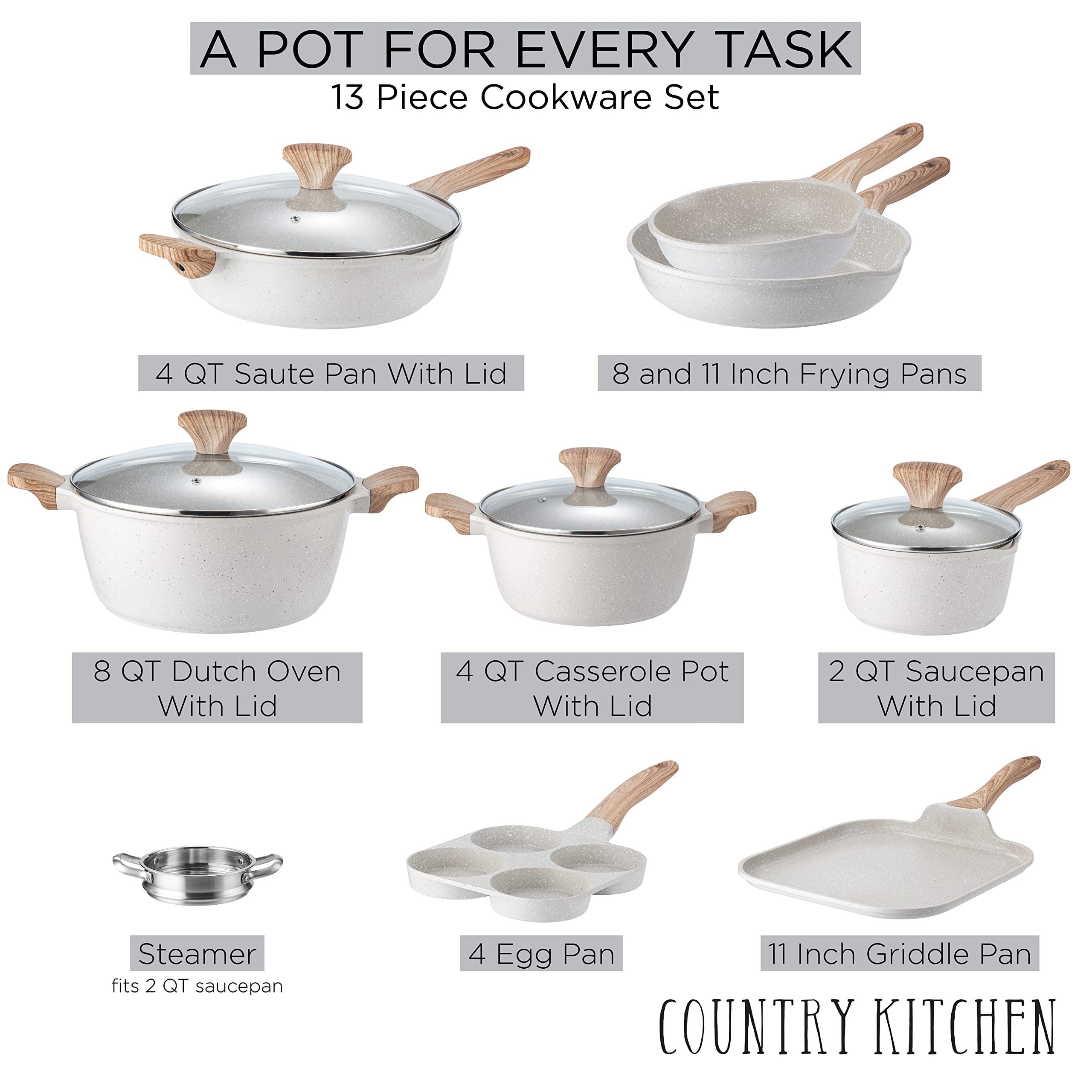 Country Kitchen Non-Stick Cast Aluminum Cookware Set - Durable Kitchen Cookware for Everyday Cooking, Cream, 13 Pc.