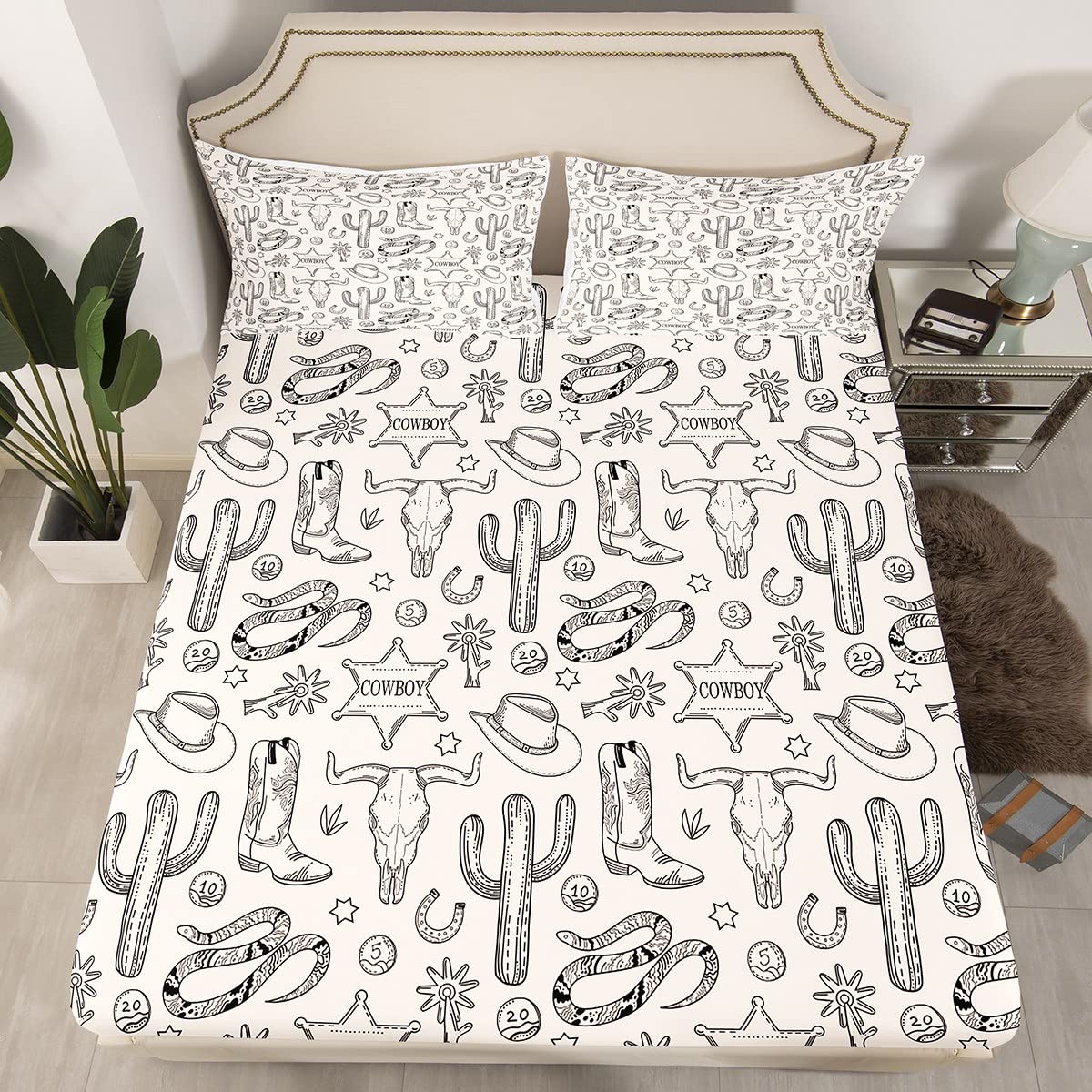 Western Cowboy Kids Fitted Sheet Twin Size,Cow Skull Horseshoe Cactus Rustic Bedding Set,Boys Girls Adults Bedroom Decor,Cowboy Boot Hat Farmhouse Bed Cover,Retro Bed Sheet,1 Pillowcase（No Flat Sheet）